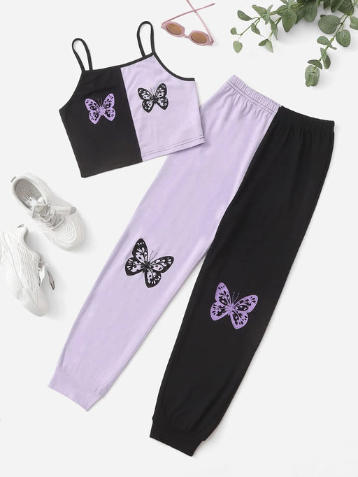 SHEIN Niñas Top de tirantes de dos tonos con estampado de mariposa con pantalones - Quierox - Tienda Online