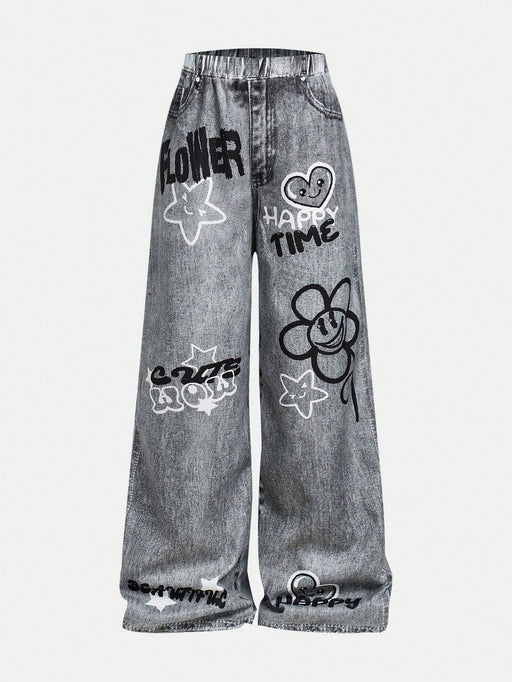 SHEIN Pantalones anchos holgados con efecto vaquero y estampado de grafiti - Quierox - Tienda Online
