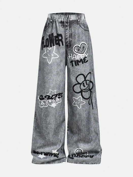 SHEIN Pantalones anchos holgados con efecto vaquero y estampado de grafiti - Quierox - Tienda Online