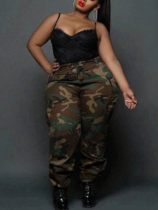 Shein Pantalones cargo casuales con bolsillos de camuflaje para mujer de talla grande - Quierox - Tienda Online