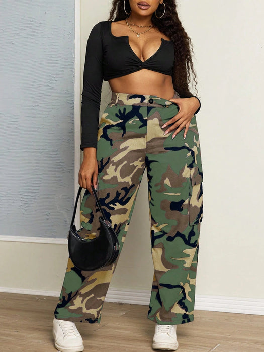 Shein Pantalones cargo casuales con bolsillos de camuflaje para mujer de talla grande - Quierox - Tienda Online