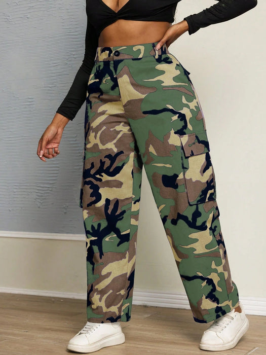 Shein Pantalones cargo casuales con bolsillos de camuflaje para mujer de talla grande - Quierox - Tienda Online