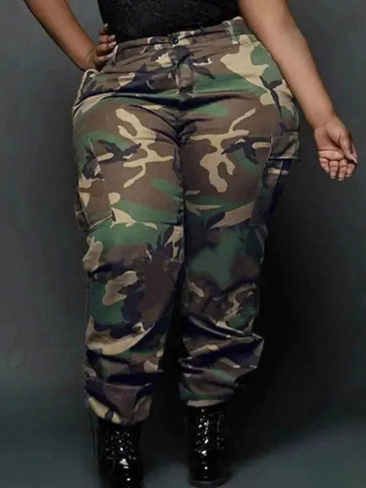 Shein Pantalones cargo casuales con bolsillos de camuflaje para mujer de talla grande - Quierox - Tienda Online