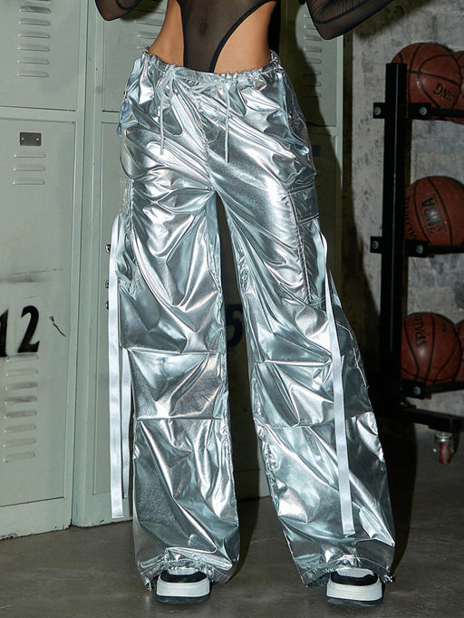Shein Pantalones cargo tipo paracaídas Rave de color plateado metalizado con cordón ajustable - Quierox - Tienda Online