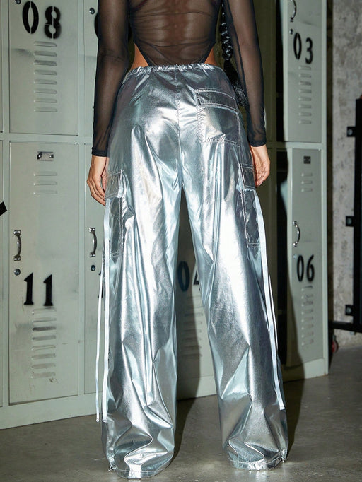 Shein Pantalones cargo tipo paracaídas Rave de color plateado metalizado con cordón ajustable - Quierox - Tienda Online