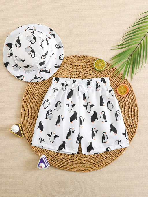 SHEIN Pantalones cortos de playa de niño con estampado en tela tejida y sombrero - Quierox - Tienda Online