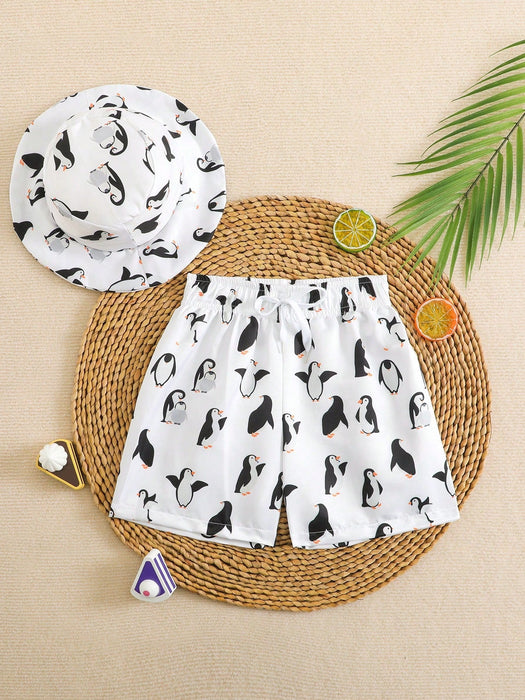 SHEIN Pantalones cortos de playa de niño con estampado en tela tejida y sombrero - Quierox - Tienda Online