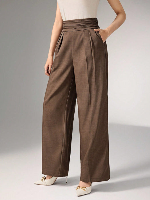 SHEIN Pantalones elegantes de pierna ancha con cintura alta y pliegues de Heiryn - Quierox - Tienda Online