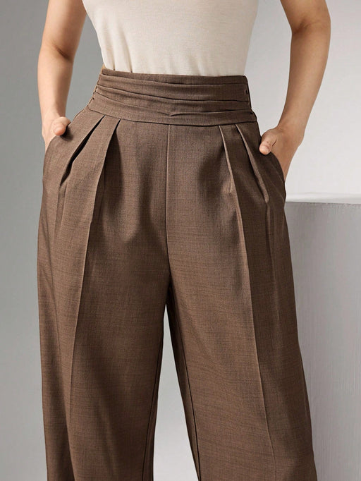 SHEIN Pantalones elegantes de pierna ancha con cintura alta y pliegues de Heiryn - Quierox - Tienda Online