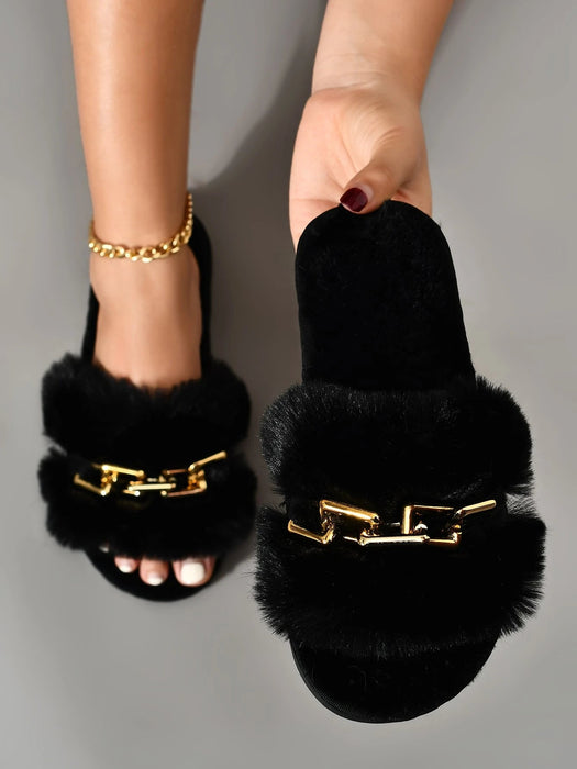 SHEIN Pantuflas de dormitorio de felpa negra de moda para mujer - Quierox - Tienda Online