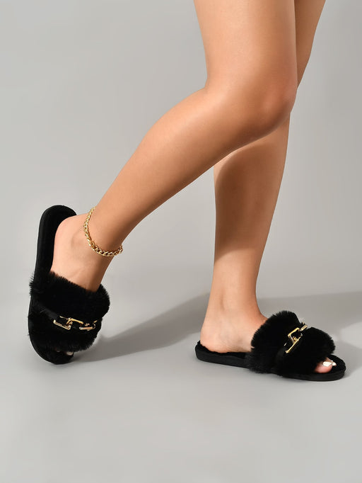 SHEIN Pantuflas de dormitorio de felpa negra de moda para mujer - Quierox - Tienda Online