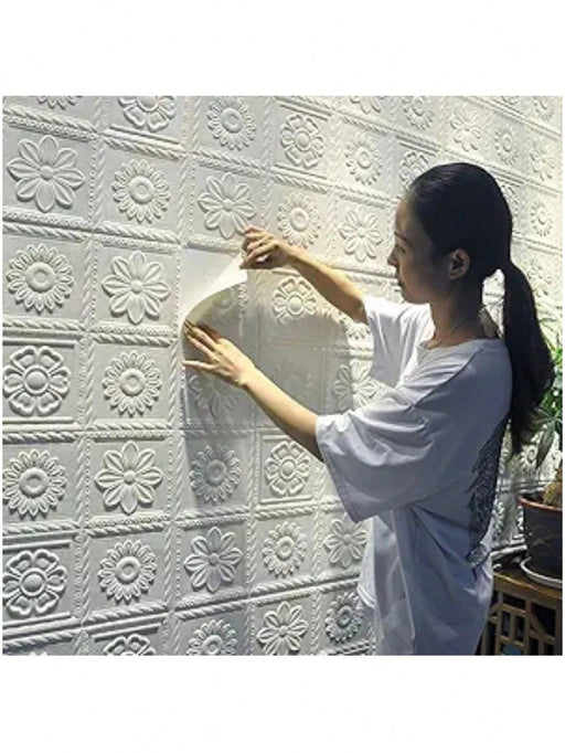 Shein Papel tapiz 3D con flor blanca, pegatina de pared autoadhesiva - Quierox - Tienda Online