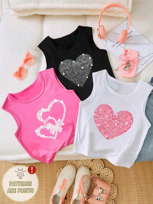 SHEIN Paquete de 3 camisetas sin mangas básicas informales con estampado de corazones para niñas - Quierox - Tienda Online