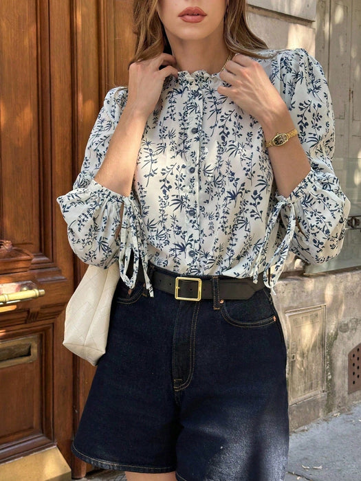 SHEIN Pariaura Camisa suelta con estampado de plantas y puños con corbata - Quierox - Tienda Online