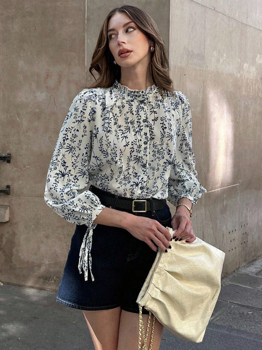 SHEIN Pariaura Camisa suelta con estampado de plantas y puños con corbata - Quierox - Tienda Online