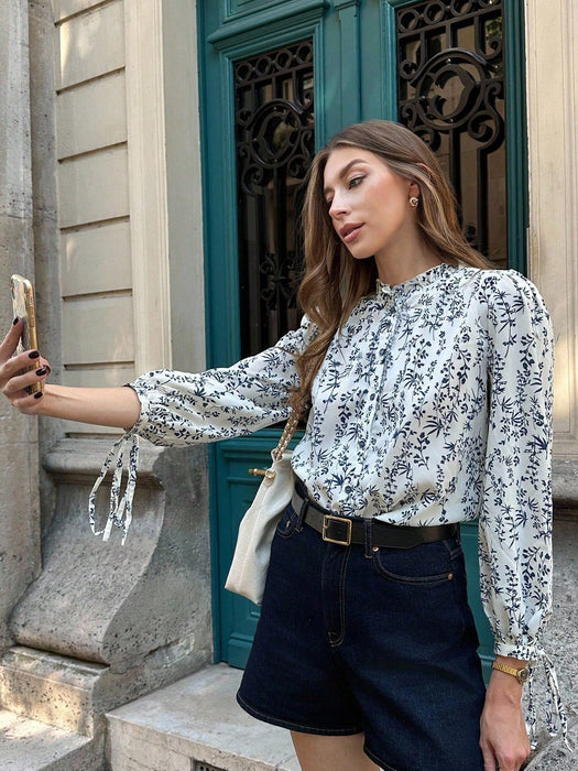 SHEIN Pariaura Camisa suelta con estampado de plantas y puños con corbata - Quierox - Tienda Online