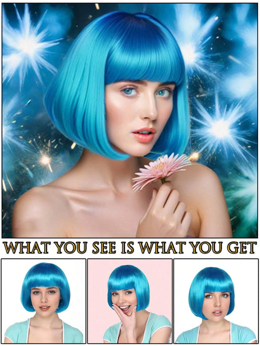 SHEIN Pelucas bob de moda para mujer, cabello corto liso con flequillo azul 12inch - Quierox - Tienda Online
