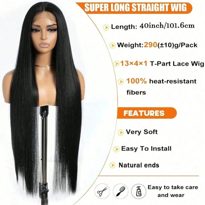 Shein Pelucas de encaje frontal 13*4*1 con parte en T de 40 pulgadas de cabello sintético negro liso - Quierox - Tienda Online