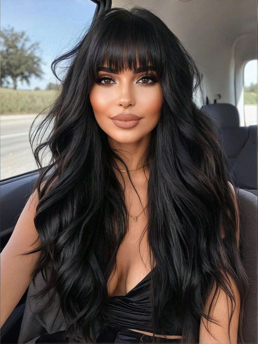 Shein Pelucas HAIRCUBE de 26 pulgadas de largo y rizado con flequillo, negras y onduladas, sintéticas - Quierox - Tienda Online