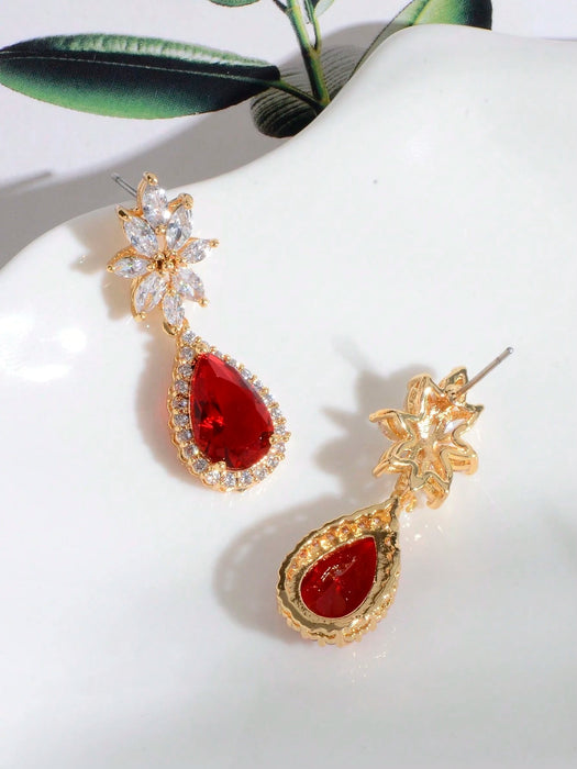 SHEIN Pendientes de novia de rubí rojo con circonita cúbica, elegantes - Quierox - Tienda Online