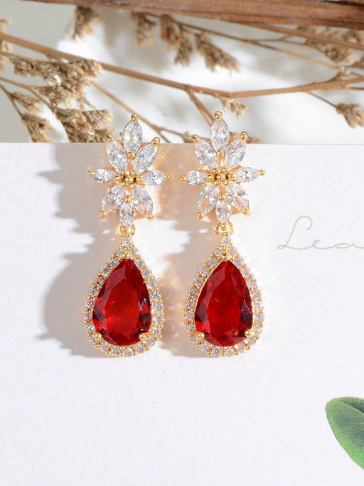SHEIN Pendientes de novia de rubí rojo con circonita cúbica, elegantes - Quierox - Tienda Online