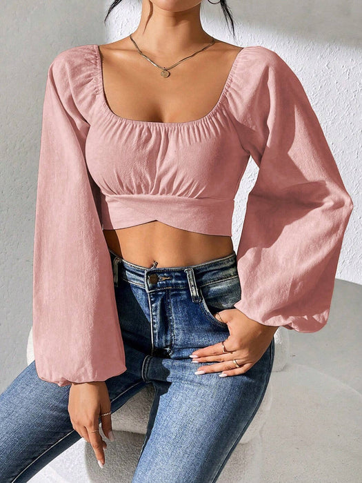 SHEIN PETITE Camisa de manga larga con cuello cuadrado, espalda descubierta y lazo - Quierox - Tienda Online