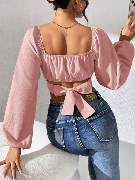 SHEIN PETITE Camisa de manga larga con cuello cuadrado, espalda descubierta y lazo - Quierox - Tienda Online