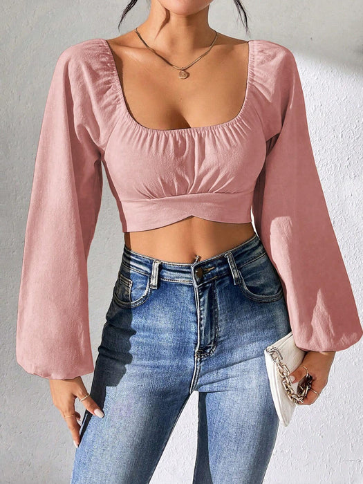 SHEIN PETITE Camisa de manga larga con cuello cuadrado, espalda descubierta y lazo - Quierox - Tienda Online