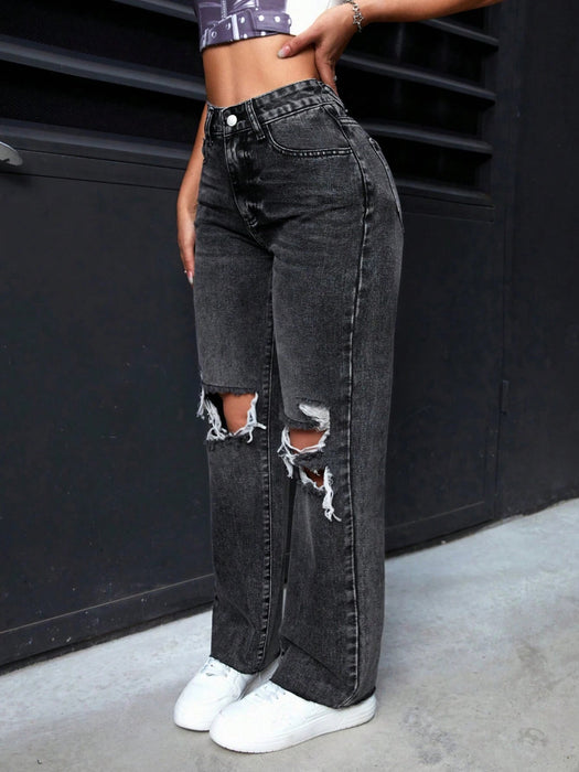 SHEIN PETITE Jeans Rectos Lavado Con Agujeros - Quierox - Tienda Online