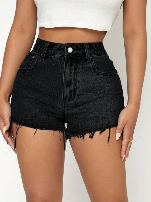SHEIN PETITE Shorts vaqueros con bajo sin rematar - Quierox - Tienda Online