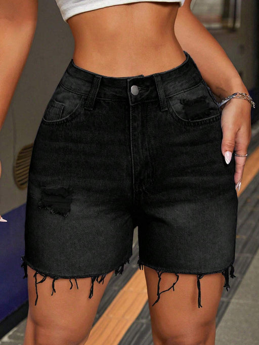 SHEIN PETITE Shorts vaqueros con cintura abotonada y dobladillo deshilachado para mujer - Quierox - Tienda Online