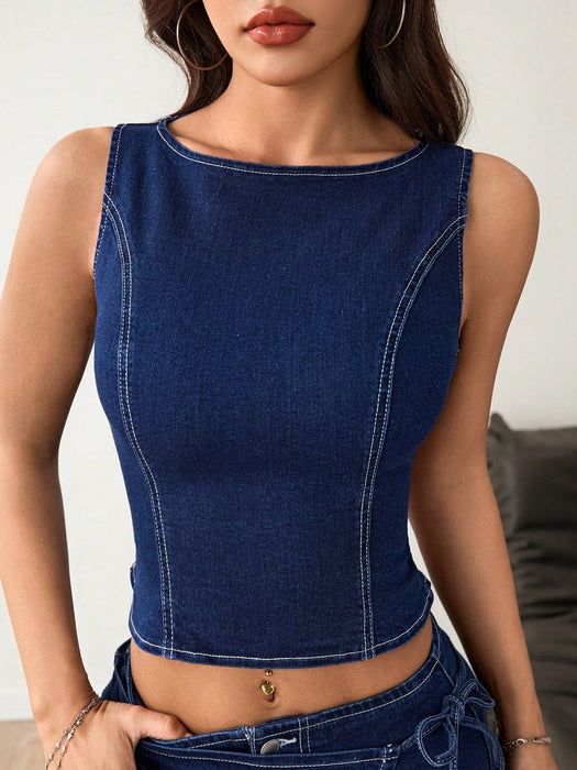 SHEIN PETITE Top vaquero sexy sin espalda con lazo para mujer - Quierox - Tienda Online