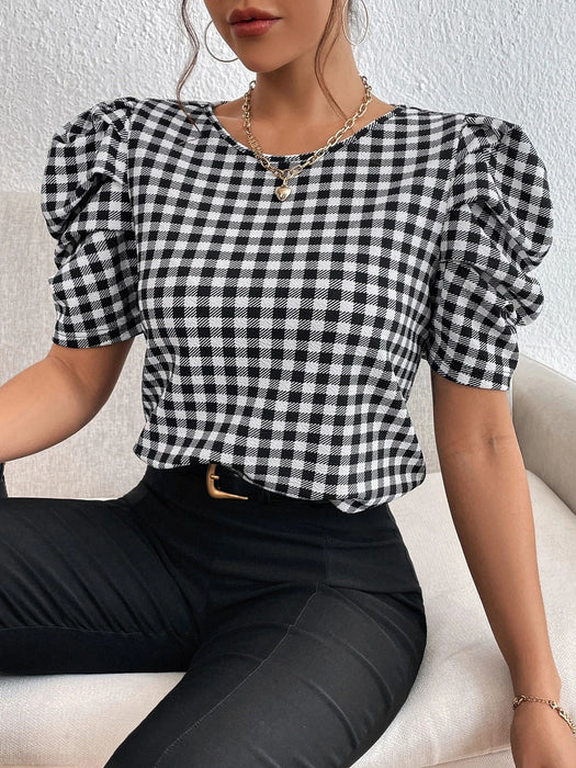 SHEIN Privé Blusa de manga abullonada con estampado de guinga, blusas de manga corta - Quierox - Tienda Online