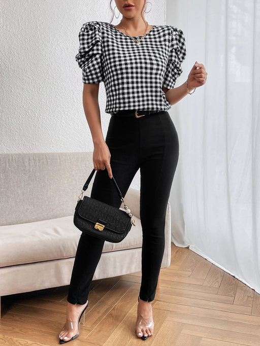 SHEIN Privé Blusa de manga abullonada con estampado de guinga, blusas de manga corta - Quierox - Tienda Online