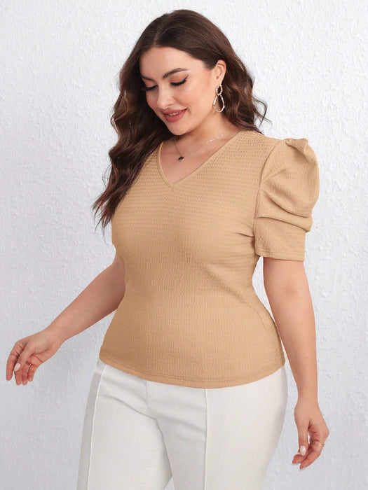 SHEIN Privé Camiseta De Talla Grande Con Cuello En V, Manga Corta Abombada - Quierox - Tienda Online