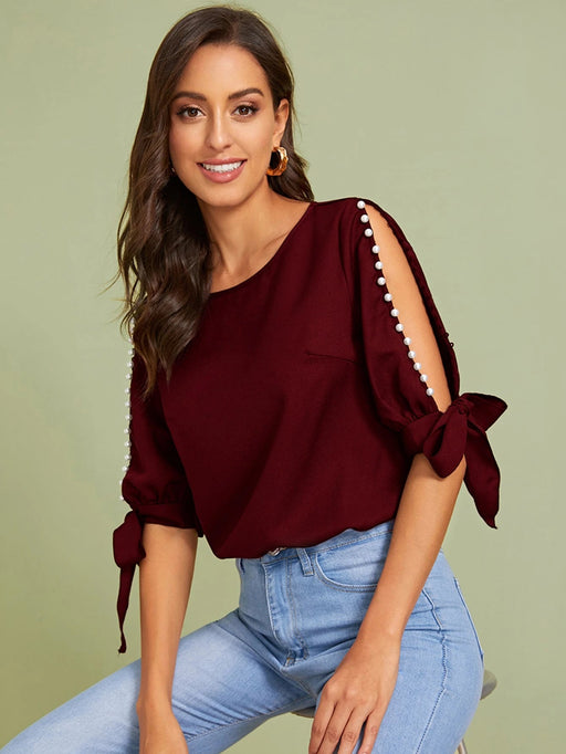 SHEIN Privé Top con cuenta con perla de manga con abertura con nudo - Quierox - Tienda Online