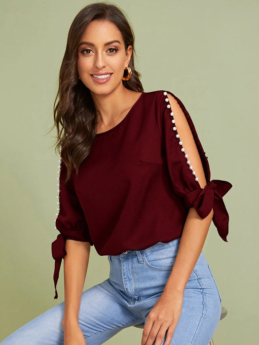SHEIN Privé Top con cuenta con perla de manga con abertura con nudo - Quierox - Tienda Online
