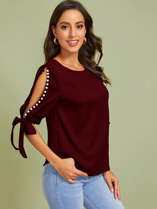 SHEIN Privé Top con cuenta con perla de manga con abertura con nudo - Quierox - Tienda Online