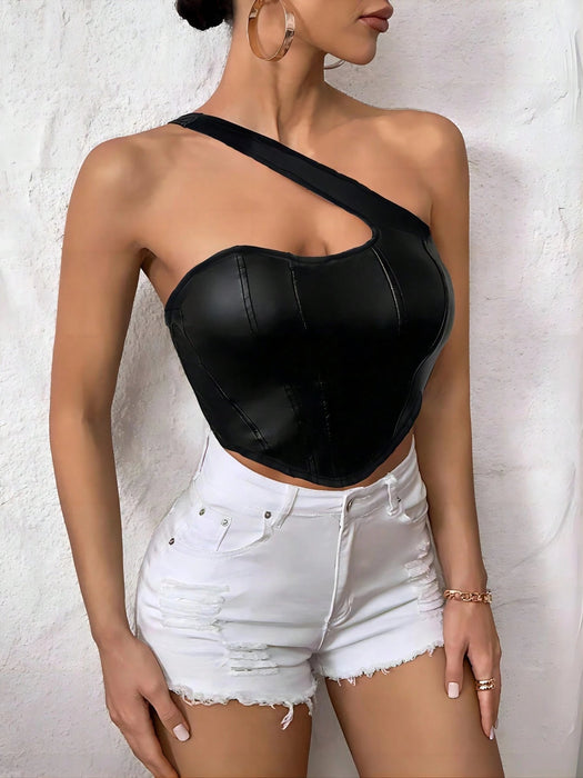 SHEIN Privé Top crop de un hombro bajo hanky PU - Quierox - Tienda Online