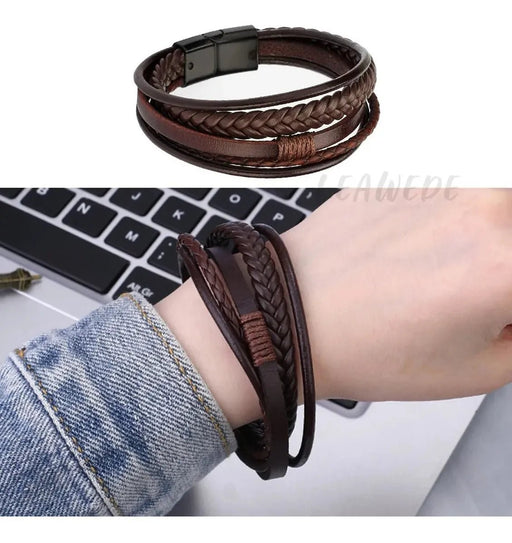 Shein pulseras trenzadas de cuero para hombres, brazalete en marrón con pulsera magnética - Quierox - Tienda Online