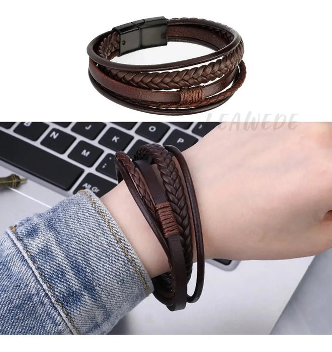 Shein pulseras trenzadas de cuero para hombres, brazalete en marrón con pulsera magnética - Quierox - Tienda Online