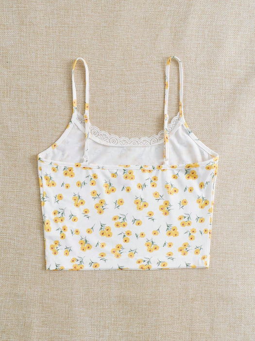 SHEIN Qutie Top camisola con ribete de encaje y estampado floral de ditsy - Quierox - Tienda Online