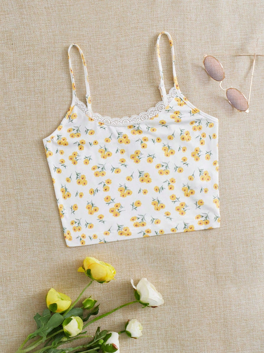 SHEIN Qutie Top camisola con ribete de encaje y estampado floral de ditsy - Quierox - Tienda Online