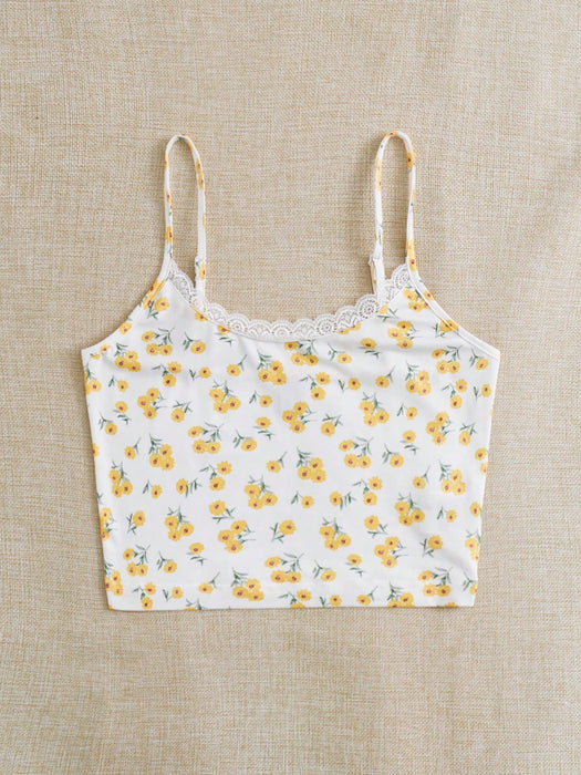 SHEIN Qutie Top camisola con ribete de encaje y estampado floral de ditsy - Quierox - Tienda Online