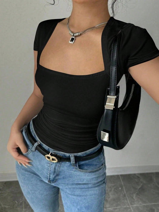 SHEIN Rafferiza Camiseta ajustado de mujer con mangas raglan, cuello en U - Quierox - Tienda Online