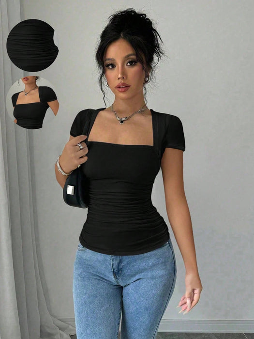 SHEIN Rafferiza Camiseta ajustado de mujer con mangas raglan, cuello en U - Quierox - Tienda Online