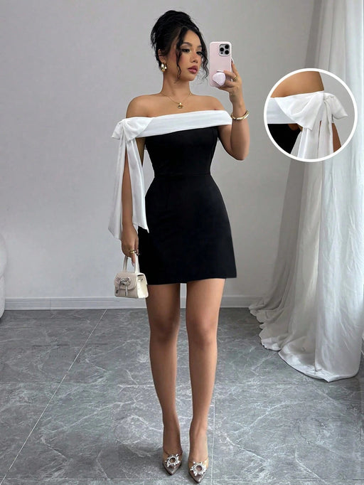 Shein Rafferiza Vestido ajustado de verano modesto con detalle de lazo en color contrastante - Quierox - Tienda Online