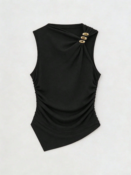 SHEIN Raffinéa Camiseta sin mangas informal y moderna con detalles metálicos en la cintura y fruncido - Quierox - Tienda Online