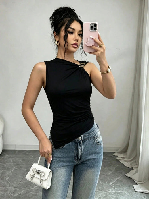 SHEIN Raffinéa Camiseta sin mangas informal y moderna con detalles metálicos en la cintura y fruncido - Quierox - Tienda Online