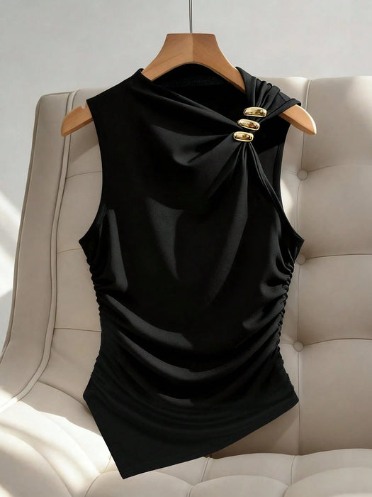 SHEIN Raffinéa Camiseta sin mangas informal y moderna con detalles metálicos en la cintura y fruncido - Quierox - Tienda Online